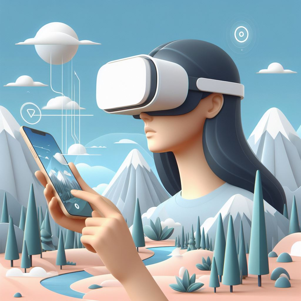 girl, AR headset, phone, augmented reality, virtual reality
